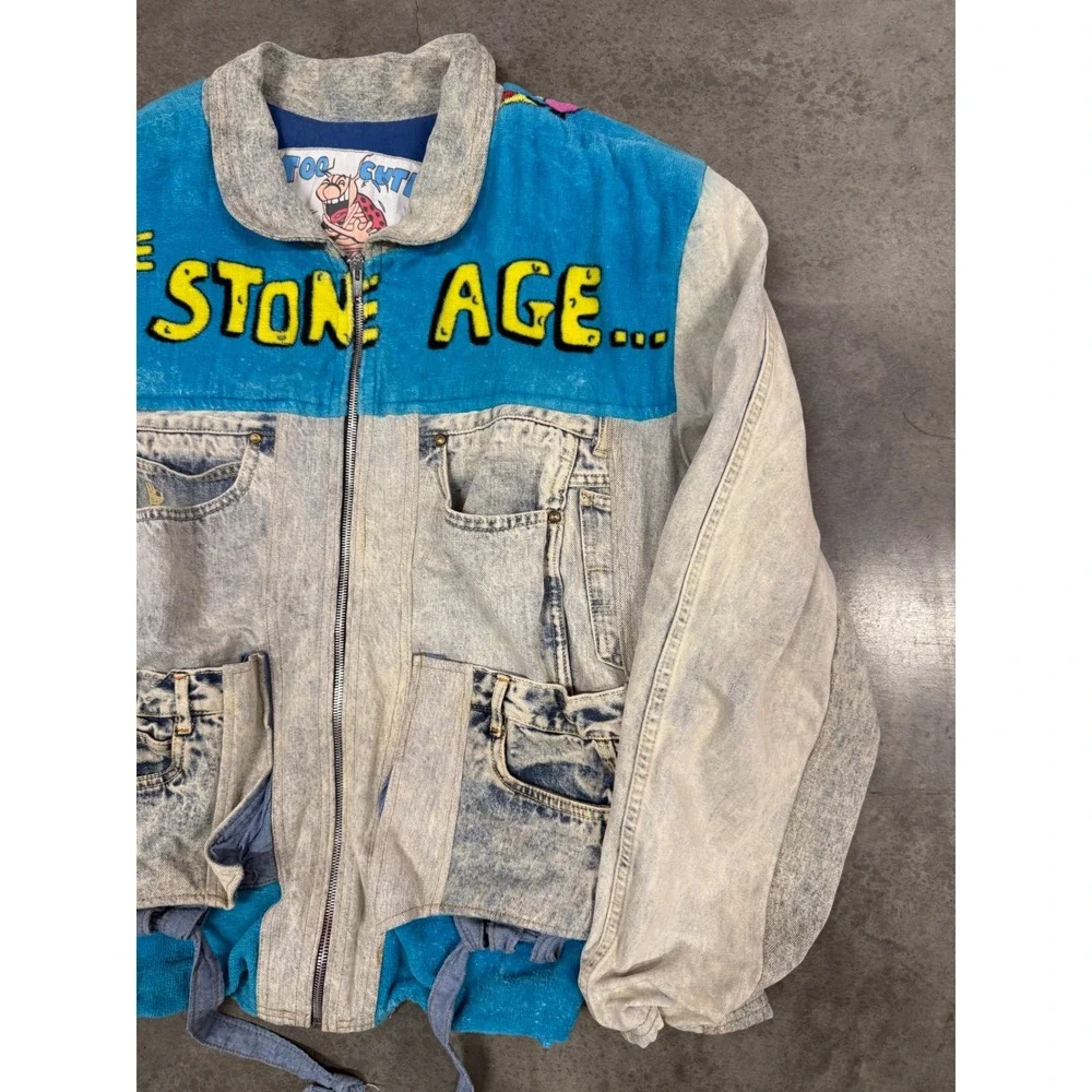 Too Cute Flintstones Mens Large Levis Patchwork Denim Jacket Acid Wash 90s